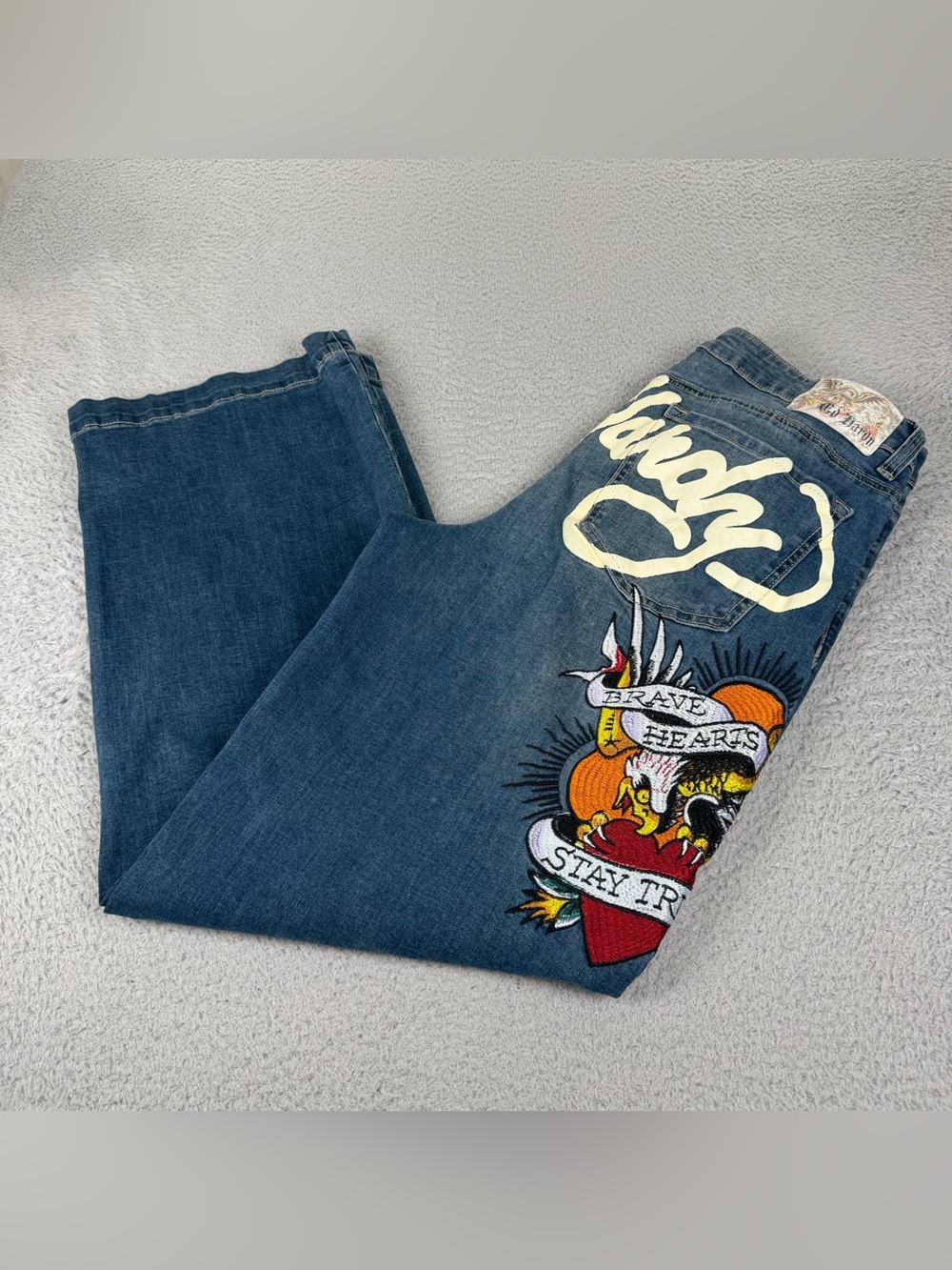 Ed Hardy Jeans Womens 32 Blue Denim Wide Leg Brave Eagle Tattoo Embroidered Y2K
